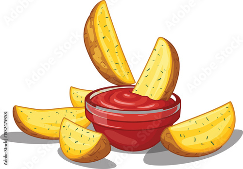 Roasted Potato Wedges Vector Illustration with Tomato Ketchup Dip and Herbs
