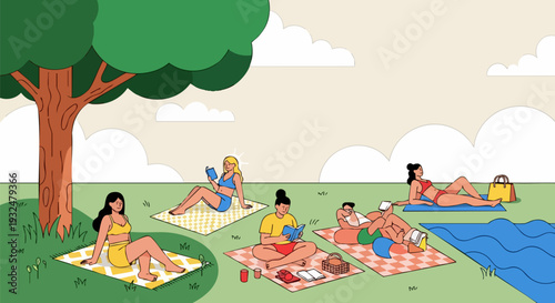 People Sunbathing and Relaxing Outdoors on Picnic Blankets Vector Illustration
