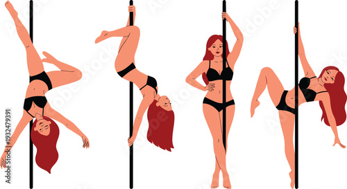 Set of Beautiful Female Pole Dancers in Various Athletic Poses Vector Illustration