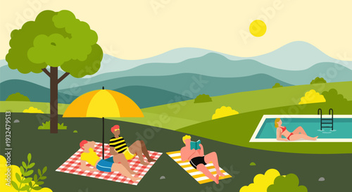 People Relaxing Outdoors on Sunny Day with Pool and Mountains Vector