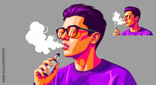 Young Man Vaping with E-Cigarette Vector Illustration
