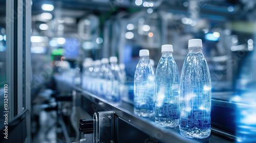 Wallpaper Mural Clear plastic water bottles with blue digital circuits and light accents move along a factory conveyor belt. Torontodigital.ca