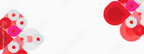 Abstract design features overlapping circles, varying shades red, pale pink, white. Minimalist composition, clean aesthetic. Simple shapes create visual interest.