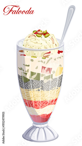 Detailed Illustration of Layered Falooda Dessert Beverage; Featuring Rose Syrup, Vermicelli, Basil Seeds, Jello, and Vanilla Ice Cream Garnish with Nuts.