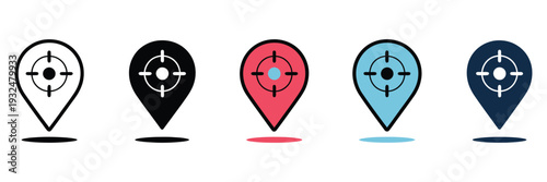 Current location icon set in multiple styles illustrating geolocation symbols, GPS tracking indicators, map pointers, and clean professional line and glyph vector design