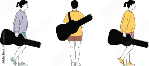 Young Musicians Carrying Guitar Cases Illustration Set - Students or Artists Walking with Musical Instruments