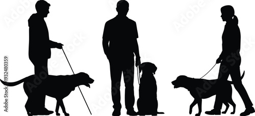 Blind people with guide dogs silhouette collection isolated on white background, disability assistance support concept illustration for accessibility awareness design