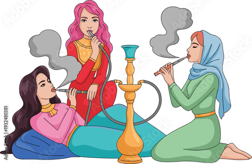 Anime Style Woman Relaxing on Bean Bag Chair and Smoking Hookah