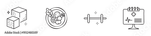 Simple line icons representing sweet treats, nutritious meals, physical activity, and medical health monitoring for various lifestyle and wellness applications