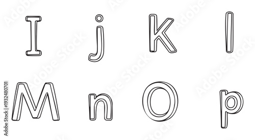 Simple black and white hand drawn uppercase and lowercase alphabet letters from I to P, perfect for educational materials, childrens books, school projects, or scrapbooking.