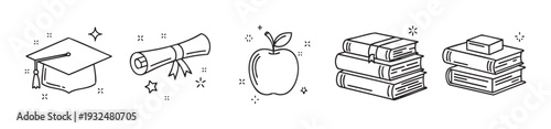 Collection of essential education and graduation themed line icons for academic achievements, learning resources, and university related visual content applications.