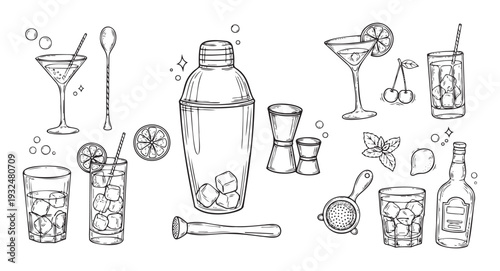 Outline collection of essential cocktail tools and drink ingredients perfect for menus bar decor or beverage industry branding materials