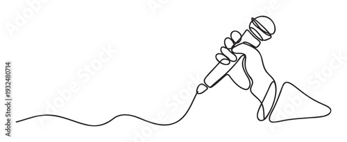 A continuous single line drawing capturing a human hand holding a microphone, symbolizing voice, music, and communication for creative multimedia projects and event promotion