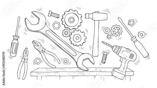 Assortment of hand tools and mechanical components including wrenches screwdrivers hammer pliers drill gears bolts and nuts perfect for engineering mechanical and DIY projects