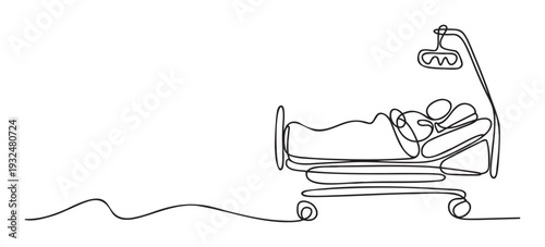 Minimalist continuous line drawing depicting a patient recovering in a hospital bed with an IV pole, perfect for medical presentations, health awareness campaigns, and hospital brochures.