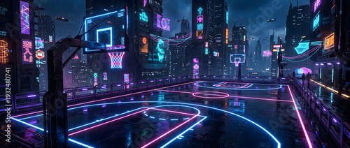 Futuristic rooftop basketball court in a cyberpunk city at night with neon glowing lines, rainy atmosphere, and a dark metropolitan skyline.