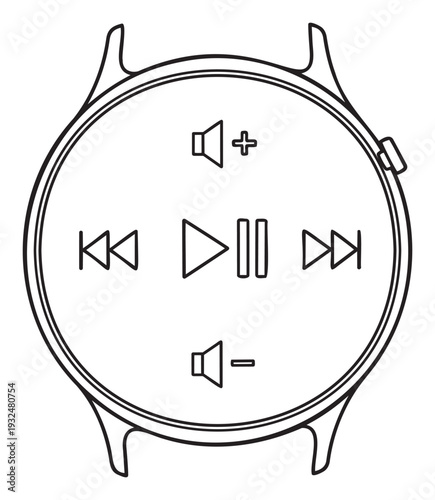Modern smartwatch displaying music player controls with volume adjustment buttons provides an intuitive interface for media management and audio playback on a wearable device.