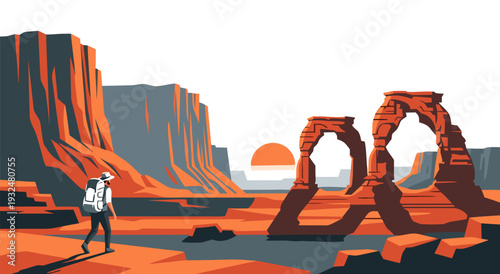 Beautiful vector illustration of a lone hiker exploring a scenic desert landscape with rock arches and a vibrant sunset, evoking a sense of adventure and natural beauty
