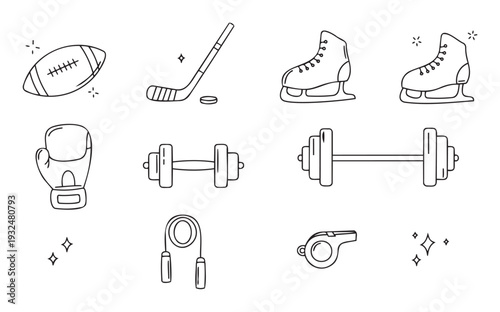 Black outline sport and fitness equipment icons featuring a football, ice hockey stick, ice skates, boxing glove, dumbbells, jump rope, and whistle, suitable for graphic designs and web