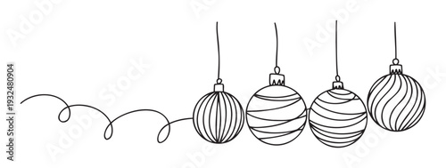 Continuous line drawing of four festive Christmas ornaments with various patterns hanging from a decorative swirl, perfect for holiday season greetings and seasonal product promotions