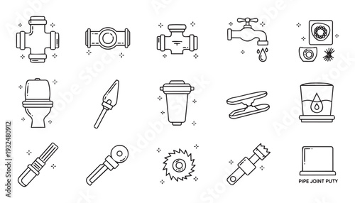 Comprehensive collection of plumbing system equipment and tools icons featuring diverse pipe fittings, a dripping faucet, toilet, pipe wrench, and saw blade for various home improvement and
