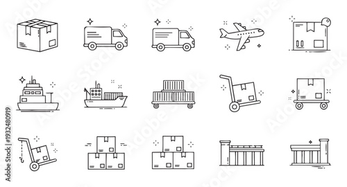 Comprehensive collection of various logistics and delivery outline icons featuring packages, transport vehicles, warehouse elements, and freight handling equipment for commercial use