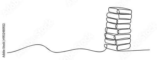 Minimalist continuous line drawing of a tall stack of books rising from a flowing line, ideal for educational campaigns, literary events, or clean graphic assets symbolizing knowledge and