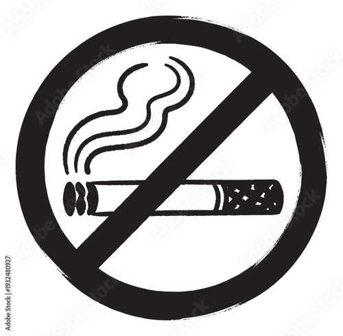 Grungy hand drawn no smoking symbol representing a prohibited cigarette with smoke in a universal warning sign for public health and environmental protection applications