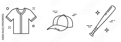 Collection of baseball uniform and equipment outline icons featuring a jersey, cap, and bat, perfect for sports event graphics, digital interfaces, and athletic branding applications.