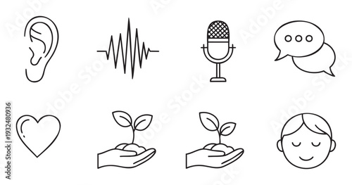 A collection of simple line icons representing communication, sound, emotion, nature, and personal growth for use in modern digital interfaces and educational materials.