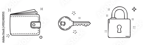 Simple line icons in a doodle style representing secure personal finance and access with a wallet, a key, and a padlock, ideal for various digital or print applications
