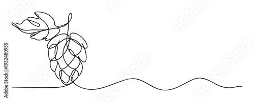Continuous single line drawing of a hop cone and leaf, ideal for modern craft beer branding, organic beverage packaging, or minimalist pub and brewery decorations.