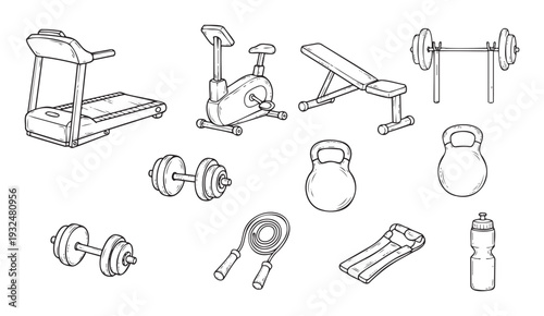 Sketch style workout equipment assortment for illustrating exercise guides, health campaigns, and athletic training programs across digital platforms and printed materials.