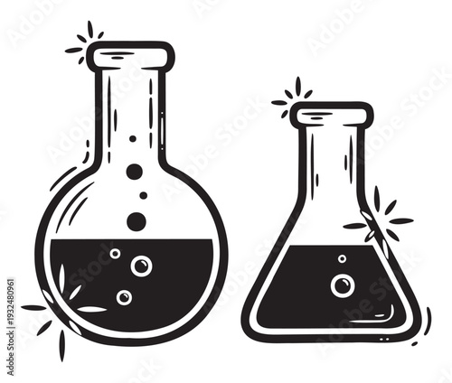 Black and white handdrawn illustration of two laboratory flasks with bubbling liquid and glowing effects, perfect for scientific experiments or chemistry education materials and
