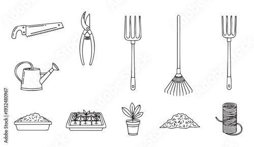 A range of common gardening tools and supplies, including hand tools, a rake, watering can, seedlings, soil, and twine, useful for home gardening and plant care education.