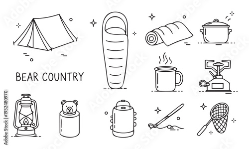 A comprehensive collection of wilderness camping and bear country preparedness equipment icons for outdoor adventure guides, nature safety education, and survival hobbyist websites.