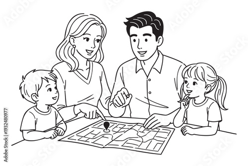 Asian family with two children actively planning a trip using a paper map, symbolizing travel preparation, future vacation planning, or discovering new destinations for tourism campaigns