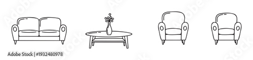 Contemporary black and white outline illustrations of essential living room furnishings like a two seater couch, oval coffee table, and comfortable single chairs for decorating guides and