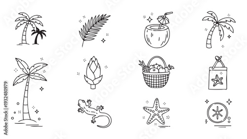 Hand drawn tropical summer vacation themed outline icons including palm trees coconut drink leaf and starfish perfect for travel campaigns holiday brochures and seasonal marketing