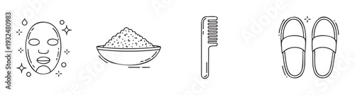 Spa and selfcare essentials collection featuring a refreshing face mask, exfoliating scrub, hair comb, and comfortable slippers, perfect for health, wellness, and beauty content