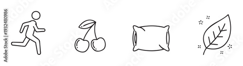 Outline icons set featuring a running person, fresh cherries, a soft pillow, and a green leaf with sparkles, ideal for healthy lifestyle themes, comfort, nature, and active living