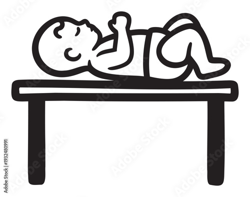 A simple graphic representation of a baby lying on a changing table, perfect for applications related to childcare, parenting resources, or medical information for infants.