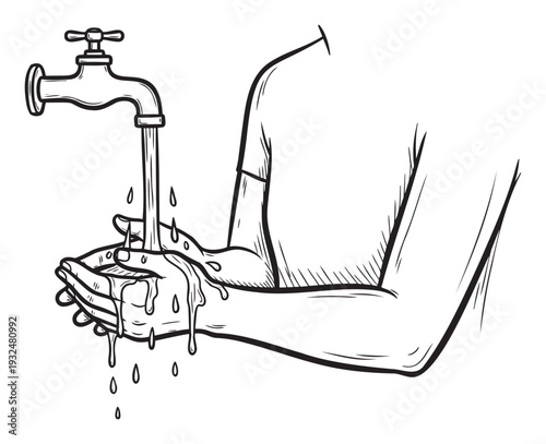 Detailed black and white sketch depicting a person washing their hands under a running faucet with water splashing and dripping, ideal for health and hygiene campaigns or water conservation