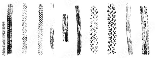 Black tire track marks isolated on white background. Racing tread pattern realistic vector illustration set. Car or motorcycle wheel skid traces texture