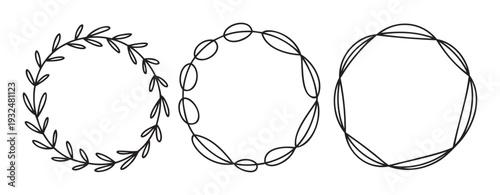 Simple black line frames including leaf wreaths and geometric circular borders ideal for rustic wedding invitations, elegant stationery, branding, and decorative graphic accents.