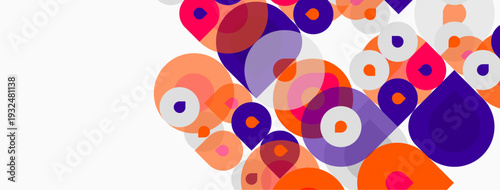 Abstract circles overlap, creating vibrant patterns. Purple, orange, pink hues dominate white background. Modern design element.