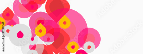 Abstract composition featuring overlapping circles. Pink, red, yellow hues dominate white background. Modern design, simple shapes create dynamic visual effect.