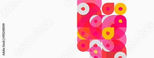 Abstract composition featuring overlapping circles. Pink, orange, red hues dominate white background. Modern, playful design elements present.