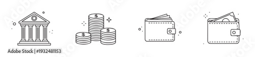 Financial icons set featuring a bank building, stacks of dollar coins, and wallets with money for business presentations, financial planning, and economic reports