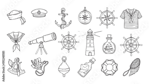 A diverse set of handdrawn nautical and marine elements featuring sailing equipment, captain accessories, and sea adventure items perfect for maritimethemed projects and educational